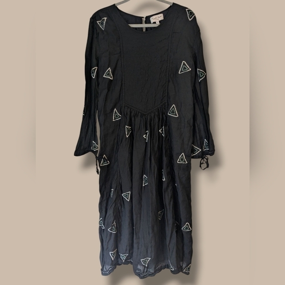 Rujuta Sheth Black Embroidered Silk Cotton Blend Flowy Midi Tanya Dress - Picture 2 of 14